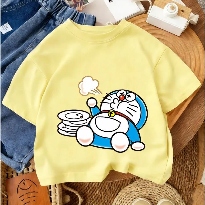 2026 Casual Round Neck Boys and Girls Summer T-Shirt Doraemon Fashion Cartoon Design
