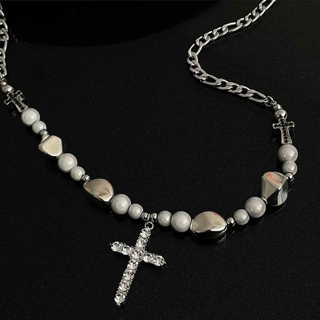 Cross Pendant Necklace Reflective Pearl Choker Chain Clavicle Chain Necklace