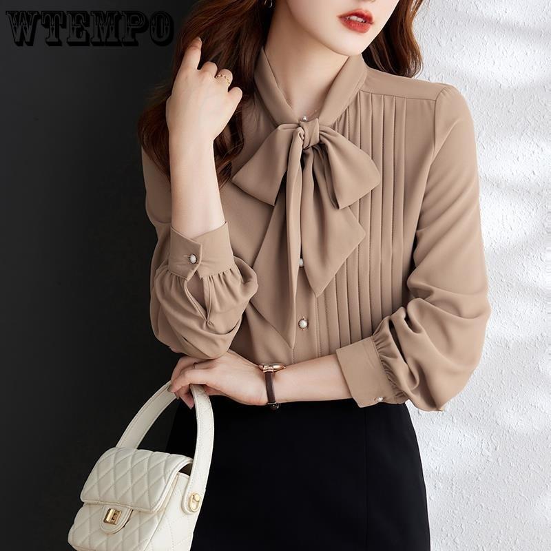 Lace Up Chiffon Long Sleeved Shirt for Women with Irregular Bow Collar Design