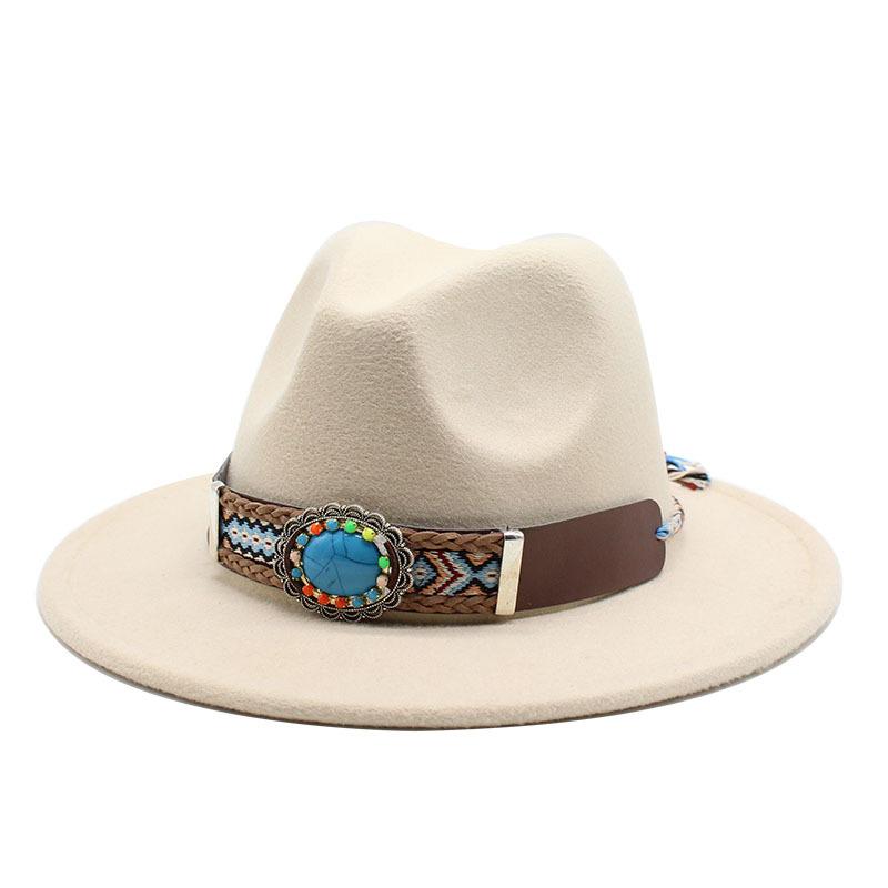 Ethnic Style Flat-Brimmed Big-Eave Hat Straight-Brimmed Jazz Hat Woolen Top Hat