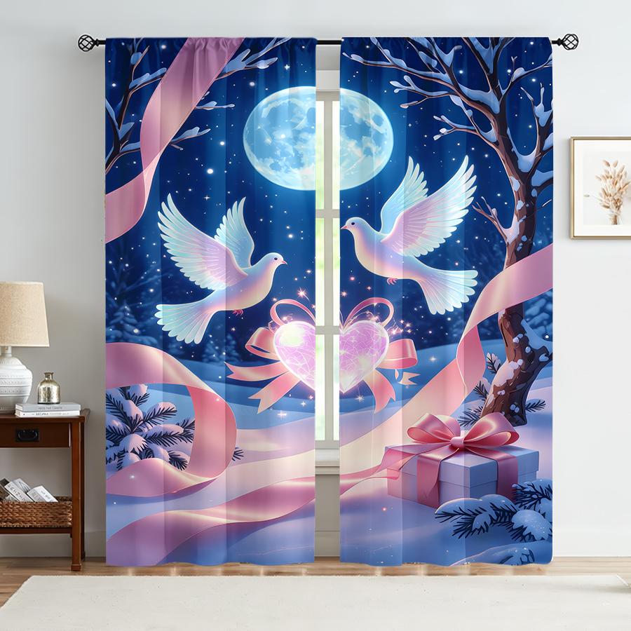 

Set Of 2 Blue Moon White Dove Love Curtains Winter Romantic Valentine Day Style Bedroom Living Room Pull Up Pocket Curtain Polyester Ideal For Sitting W100*H70(CM)-Grommet top&2PCS