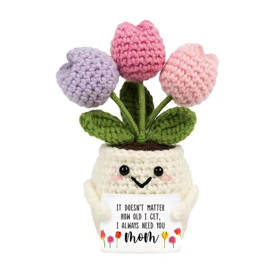 

Positive Crochet Tulip Wildflower Thank You Gifts for Women Mom Friends Handmade Potted Flower Doll with Card Emotional Support Gift