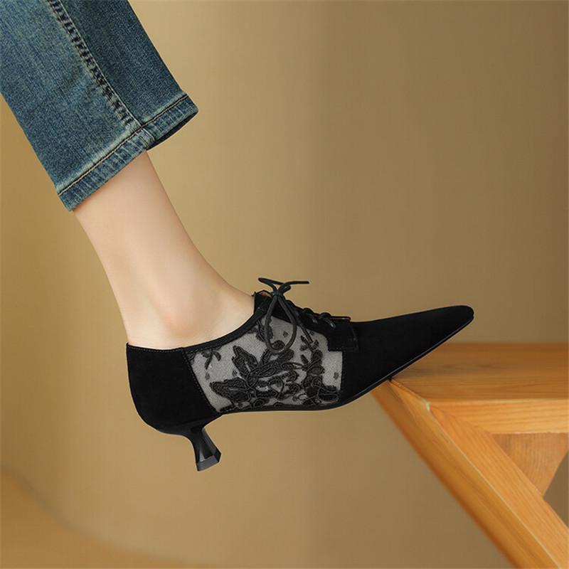 Fashion New Spring Sheep Suede Women Shoes French Retro Pointed Toe Women Pumps Embroidered Mesh Loafers Shoes for Women Ladies Shoes