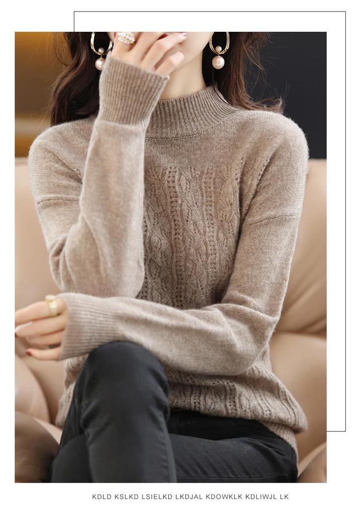 Women's 100% Pure Wool Hollowed Cable Knit Sweater, Half-High Neck, Drop Shoulder Pullover, Casual Versatile Knitwear