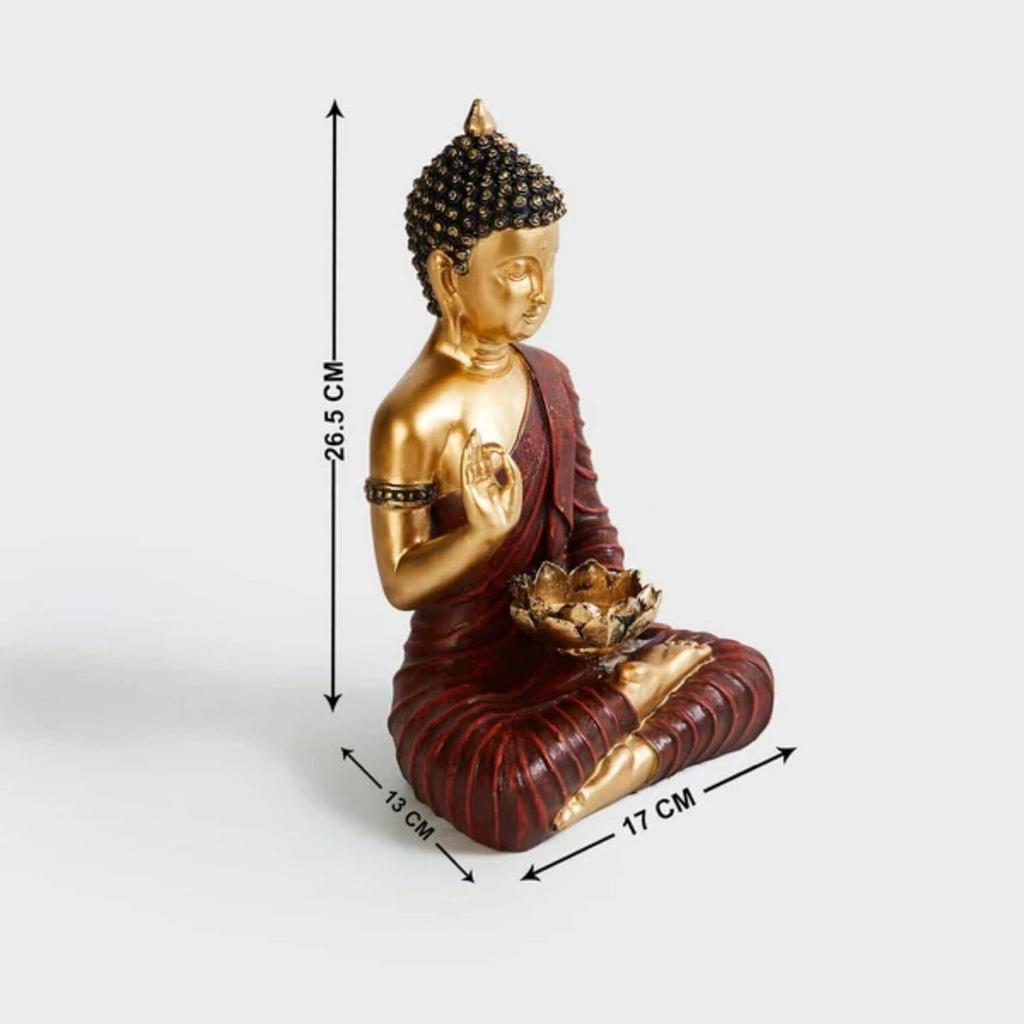 Meditating Sitting Buddha Statue Showpiece Idol Home Decor Living Room Gifts Decorative Showpiece - 27 Cm  (Resin, Red, Gold)