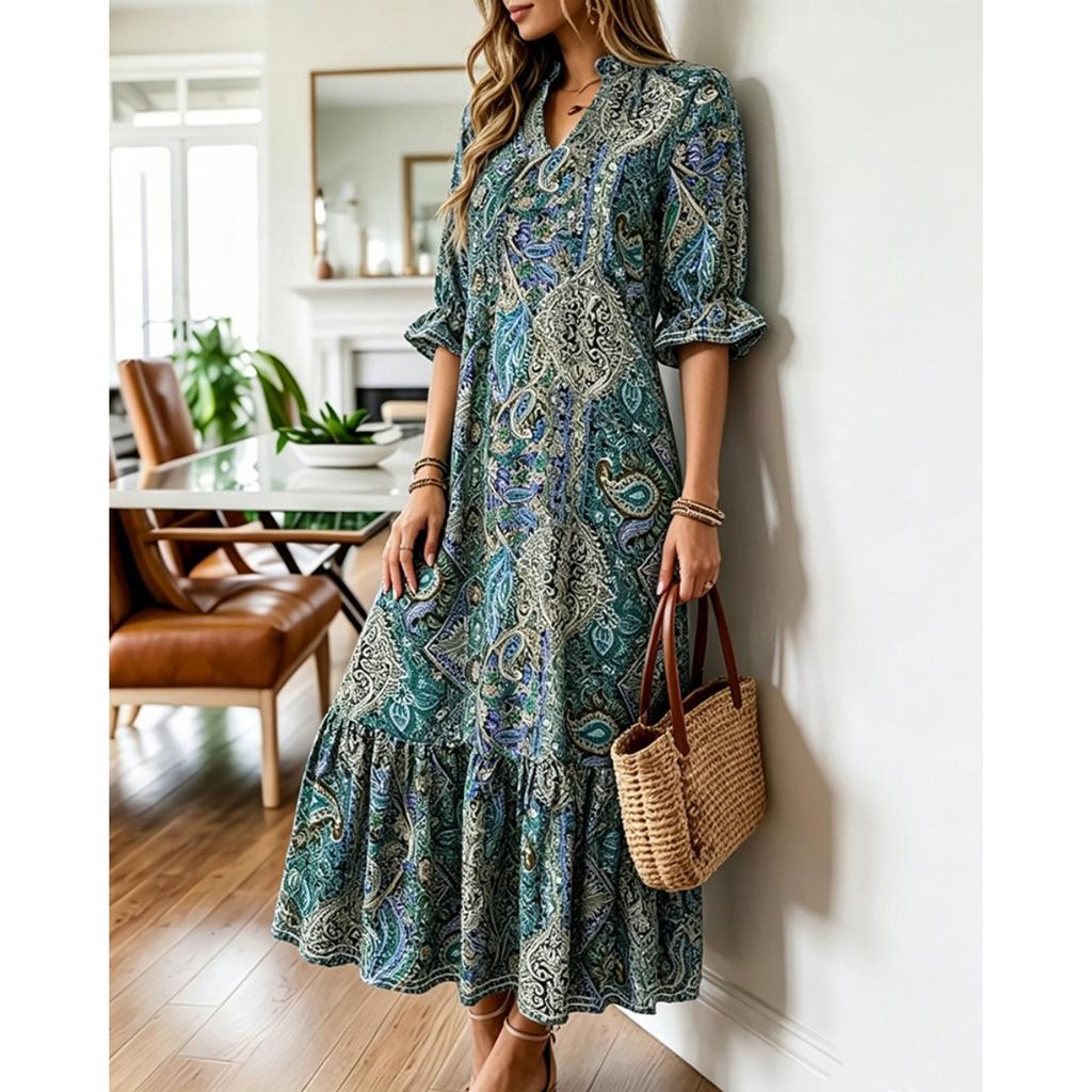 Summer Women's Floral Print V-neck Half Sleeve Dress, Casual Fashion Casual Dress for European American