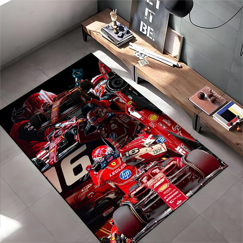Sports Area Rug, Charles Leclerc Ferrari F1 16 Red Collage Cars Helmets Multiple Poses Print, Garage Decor, Non-Slip Mat