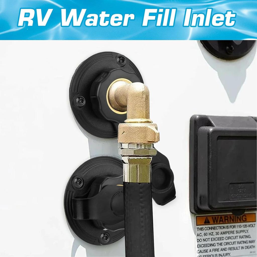 RV City Water Inlet With Brass Check Valve, Fresh Water Fill Flange For Camper Hookup, Durable RV Water Replacement Connection Fittings, Black