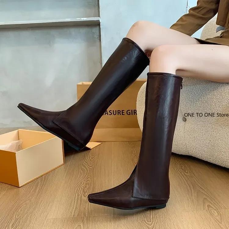 Fashion Pointed Toe Flats Women High Boots Designer Fashion Casual Walking Leather Shoes 2025 New Trend Winter Dress Chelsea Botas Mujer