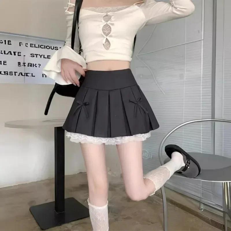 Korean Sweet High Waist College Pleated Skirt for Womenn Lace Preppy Bow Skirt Female A-line Pleated Skirt Y2k