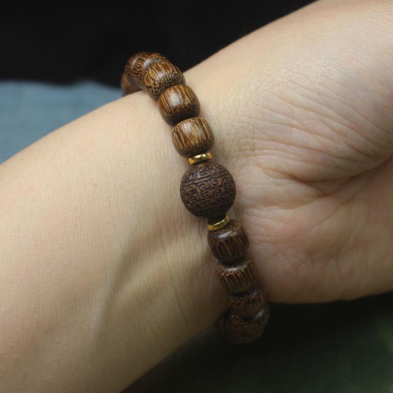 Dark Agarwood Bead Bracelet 8mm, Vintage Carved Bead Wooden Wristband, Ethnic Style Jewelry Gift