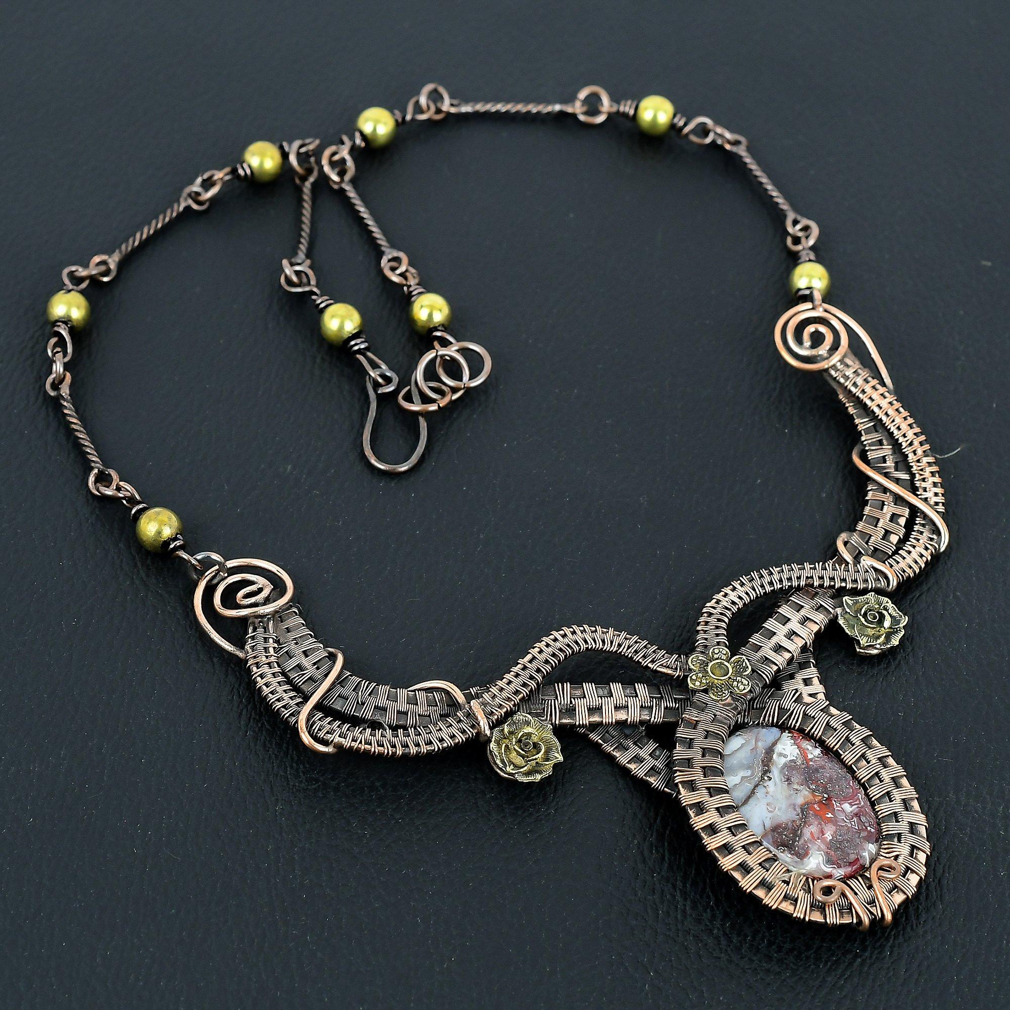 

Crazy Lace Agate Handmade Gemstone Necklace, 999 Copper Wire Wrapped Necklace Antique Jewelry, For Engagement Gift