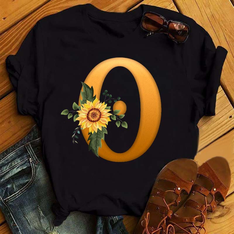 Maycaur Women's T Shirt Custom Name Letter Combination Print Tshirt Sunflower Letter Font A B C D E F G Short Sleeve Ladies Tops