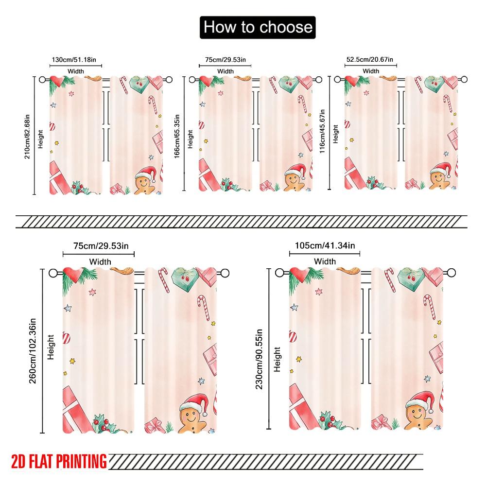 2Pcs,2D Plane Printing Minimalist Curtains Christmas Bell Presents Stocking Polyester Easy Install (Without Rod) Decorations