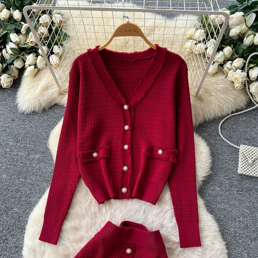 Autumn Winter Women Knitted Sweater Two Piece Set Full Sleeve V-neck Cardigans Coat and Long Midi A-line Skirt Outfits