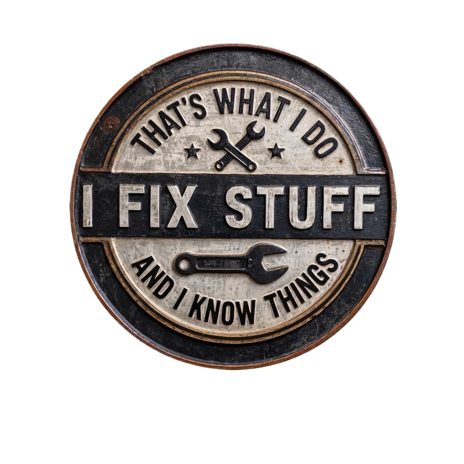 

Metal Wall Sign That I Fix Stuff And I Know Things Round Decorative Plaque for Garage Workshop Home Office Wall Art One Size