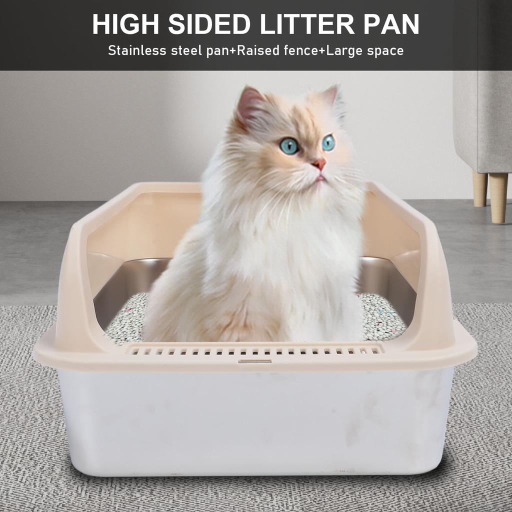 Stainless Steel Cat Litter Box Sturdy Easy To Clean Anti Splashing High Sided Metal Kitty Litter Tray With Scoop For Indoor Cats