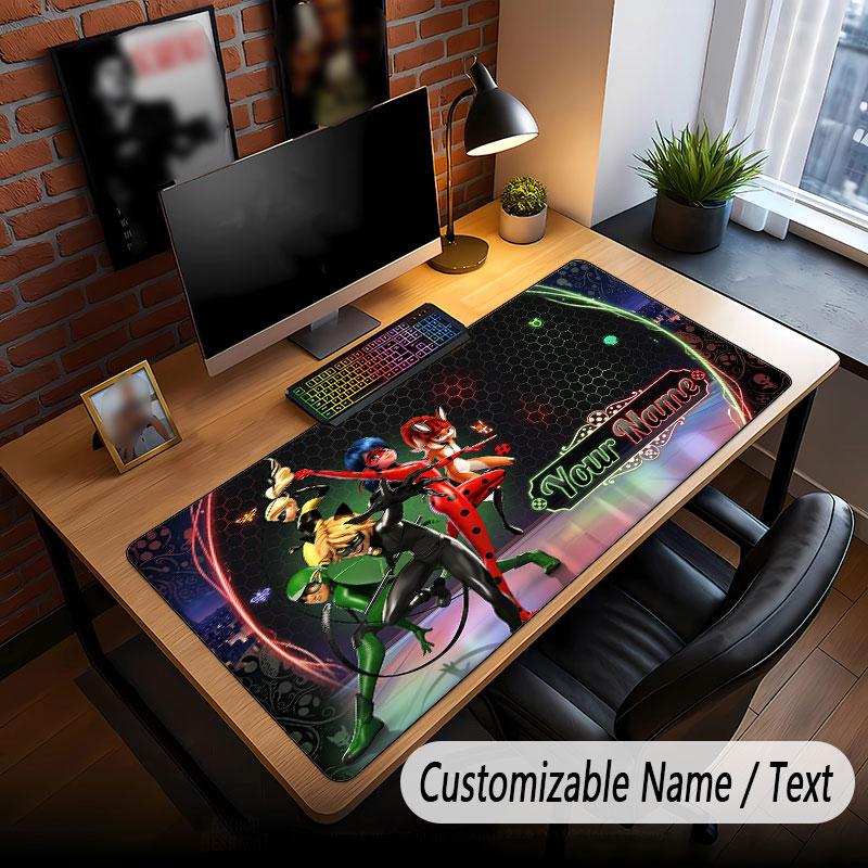 Custom Name Text Big Mouse Pad,Miraculous Ladybug Soft Non Slip Extended Desk Mat For Home Office