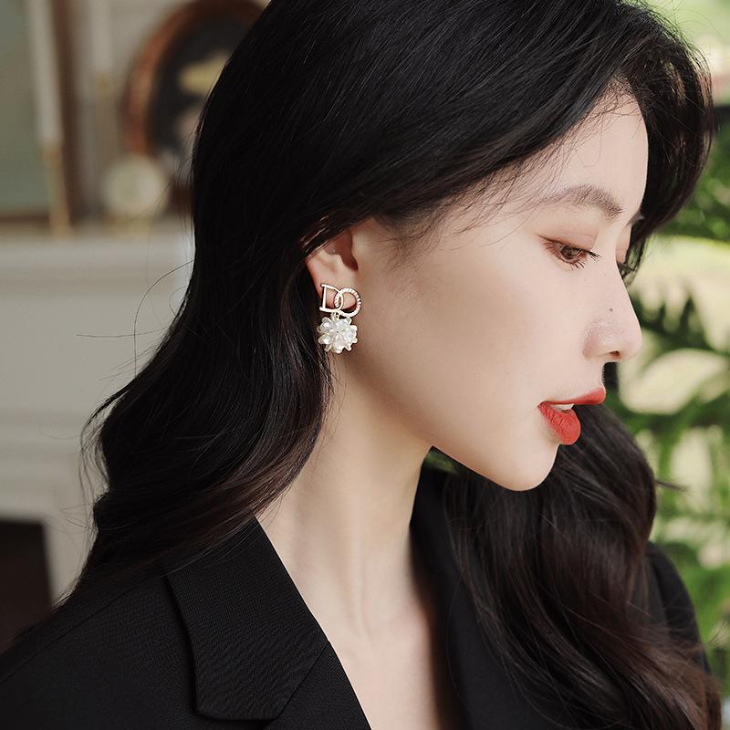 Fashion 925 Silver Diamond-embedded DO Letter Flower Stud Earrings For Women Pearl Ball Drop Earrings