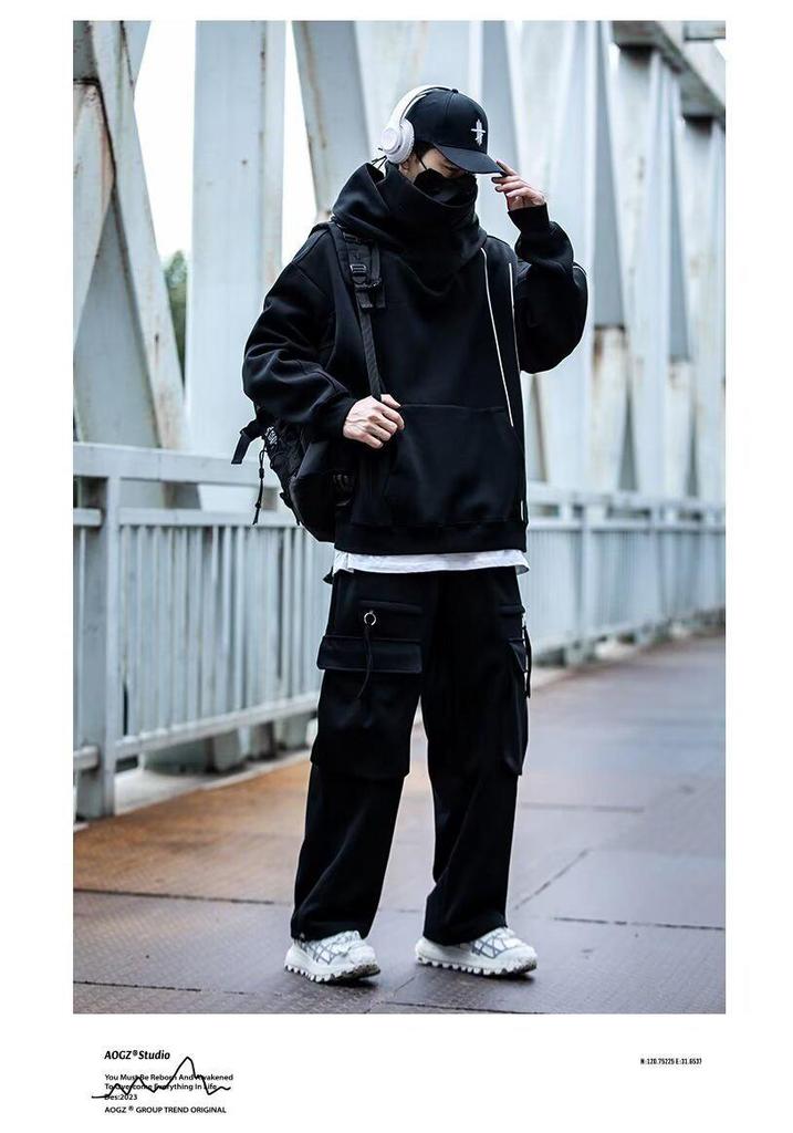 Unisex High-Neck Hooded Sweatshirt - Heavyweight, Casual, Loose-Fit Jacket for Spring, Autumn, Winter; Trendy Couples' Top for High Street Style