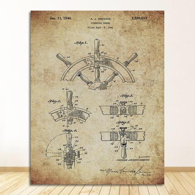 Poster Sailor Gifts , Yacht Anchor Ship  Wheel Sailing Blueprint Nautical Wall Art Canvas Painting Sailboat Patent Print Vintage