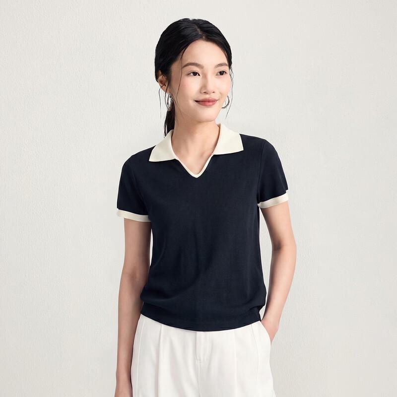 Women s Tencel Blend French Color-block Polo Knit T-shirt L