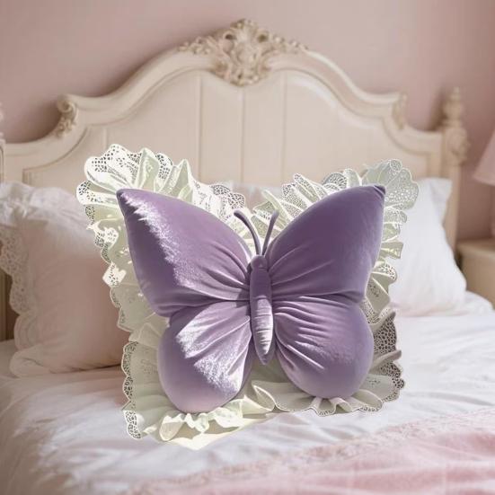 Butterfly Throw Pillow Plush Butterfly Shaped Pillow with Lace Edge Decorative Cute Stuffed Hugging