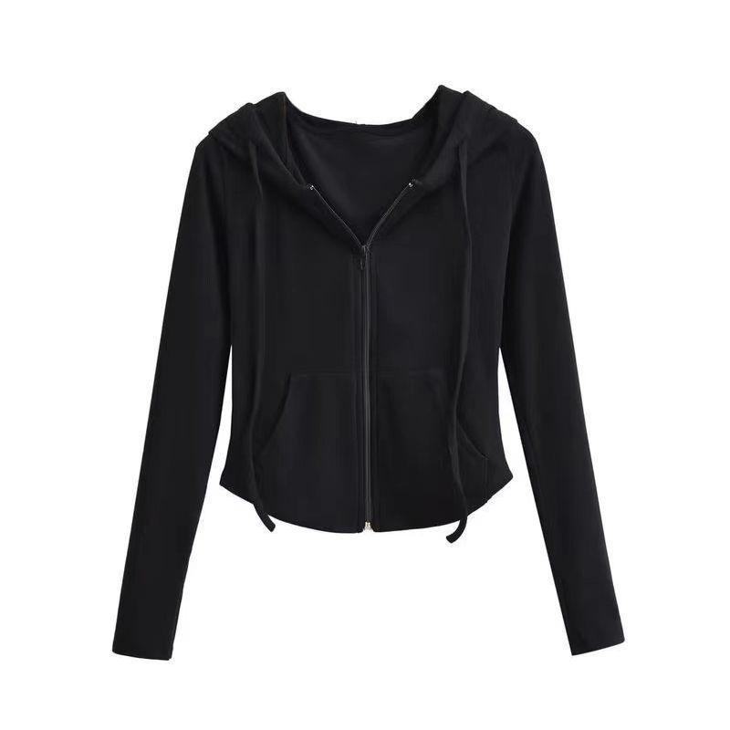 Women‘s Hooded Long Sleeve Slim Fit Zip Up Cardigan Solid Cropped Jacket Top