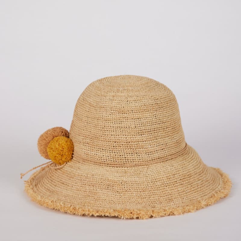 LALA Natural Raffia Pom Pom Hat