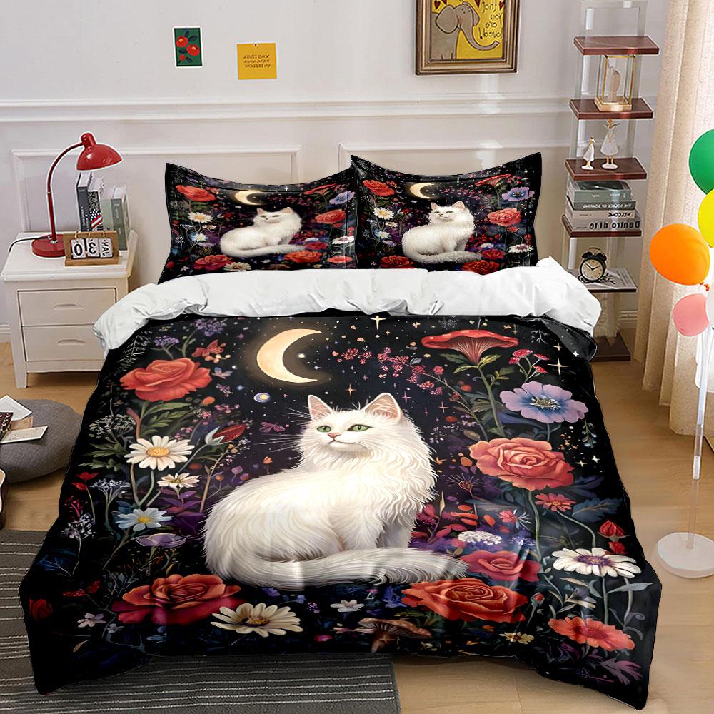 White Cat With Flowers Moonlight And Stars Bedding Set For Kids Luxury Gift 3Pcs Digital Print Comforter Set Soft Comfortable