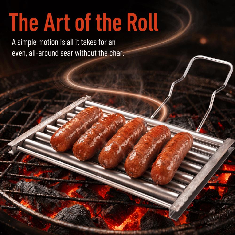 Foldable Handle Hot Dog Roller Stainless Steel BBQ Grill Rack Sausage Roller Rack Outdoor BBQ