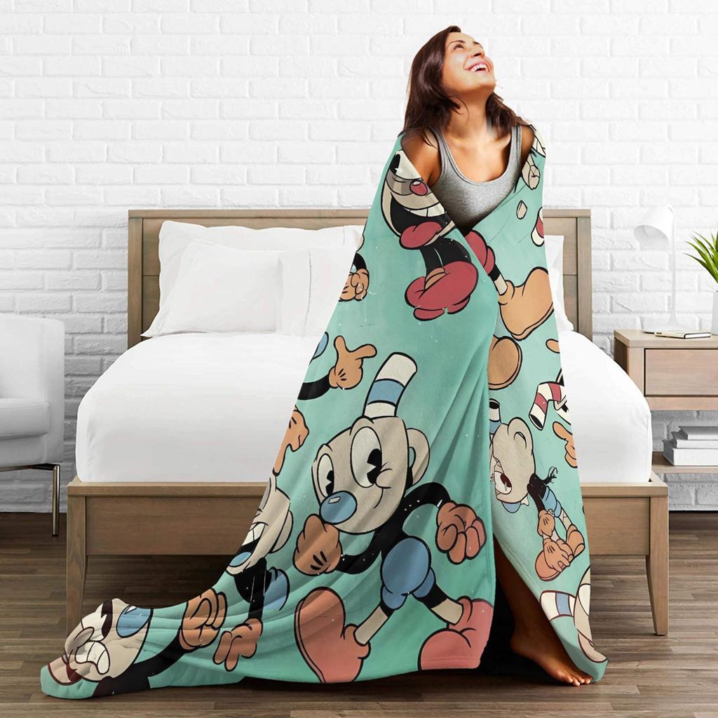 Cupheads & Mugmans Super Warm Blanket Cartoon Girls Boys Plush Bedding Throws Aesthetic Outdoor Flannel Bedspread Sofa Bed Cover