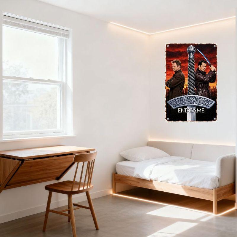 Endgame Movie Promotional Metal Tin Sign - Vintage Epic Sunset City Skyline Poster with Ornate Sword & Two Men for Home Bar Club