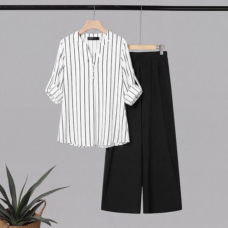 ZANZEA Women Long Sleeve Stripe Blouse and Long Pants Casual Two Piece Suit Sets