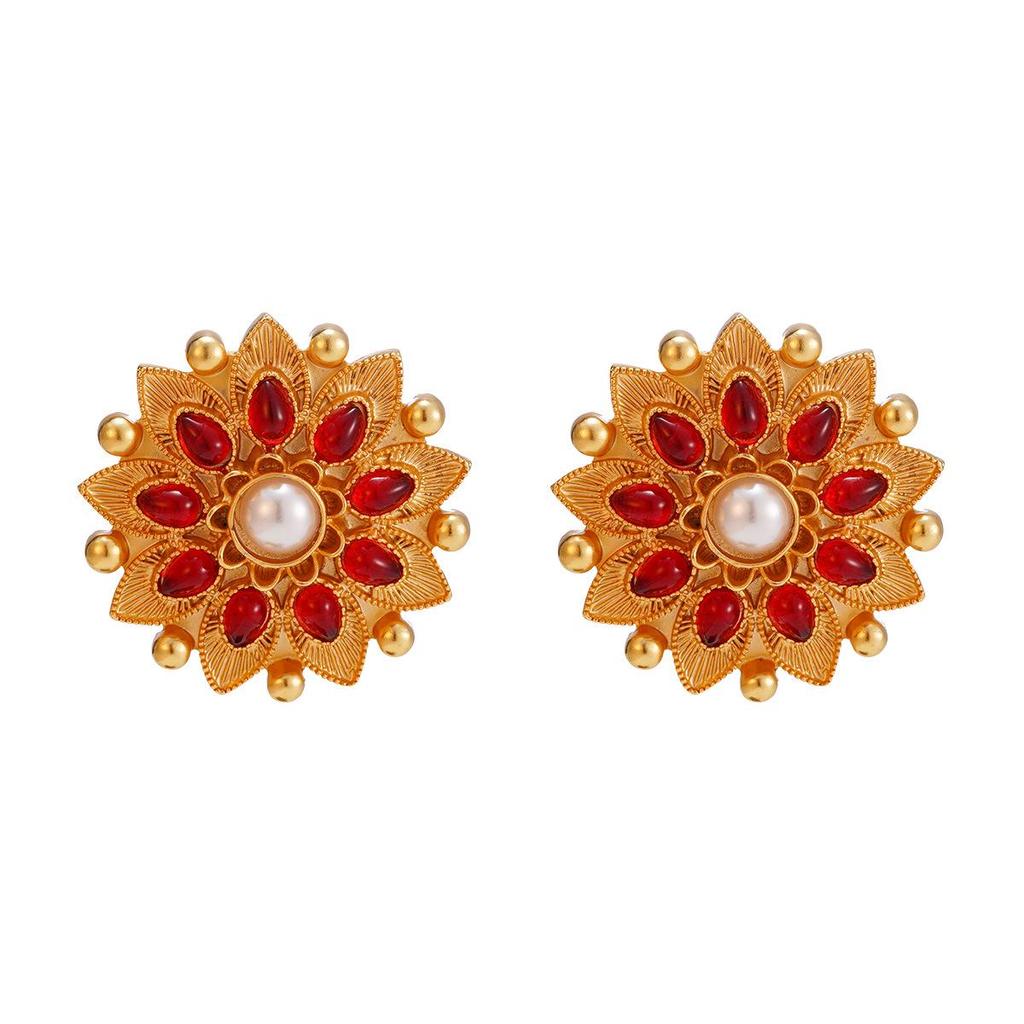 European Retro Geometric Red Metal Earrings with Pearl Flower Studs