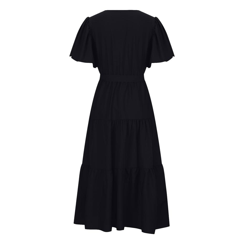 Women's Casual Loose Color V-Neck Short Sleeved Waist Dress Short Sleeved Waist Dress