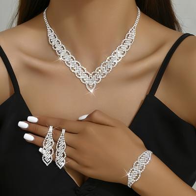 4-delt Elegant Dame Luksus Halskæde Øreringe & Armbånd Smykkesæt Rhinsten Match Hverdagsoutfits Festtilbehør Til Kvinder