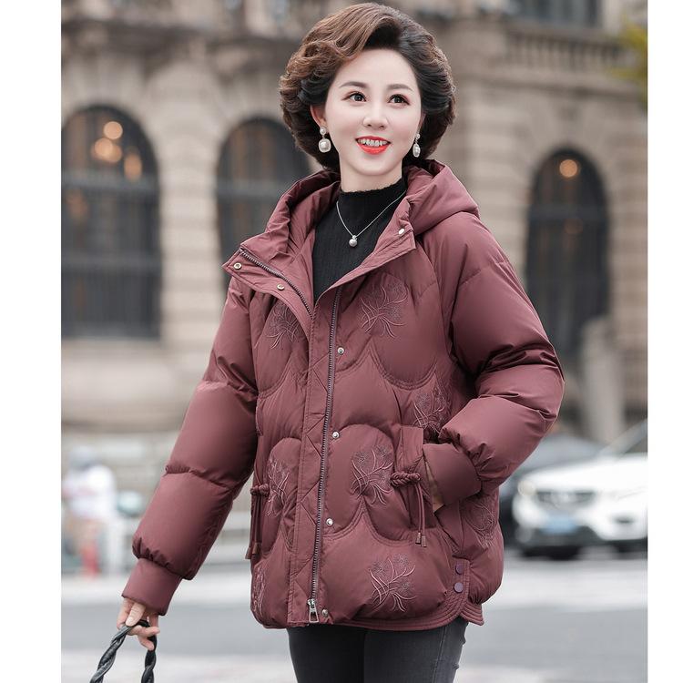Middle-aged and Elderly Down Jacket Female Mothers Look Fashionable and Slim and Fashionable, Hooded and Thickened 90 White Duck Down Short Jacket