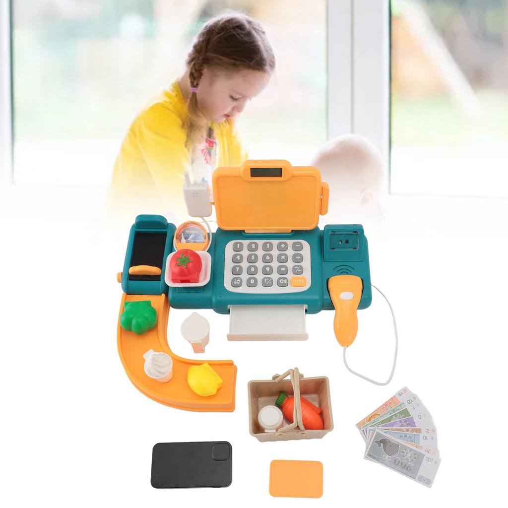 Cash Register Toy for Kids with Checkout Scanner Play Food Set Play Calculator Credit Card Rder Voice Broadcast Pretend Cash Register