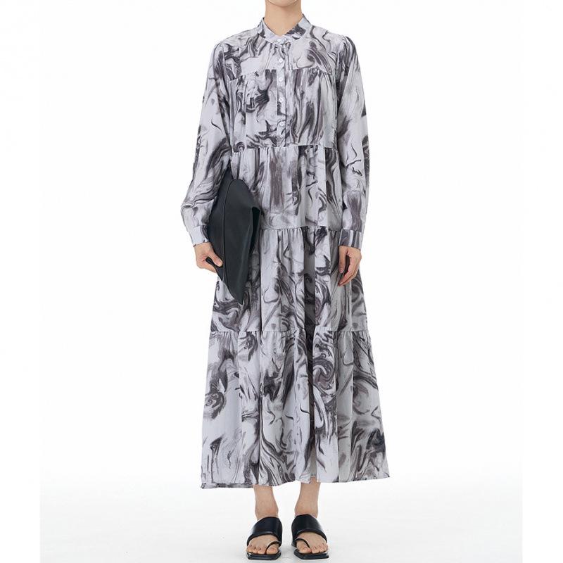 

Elegant Korean Style Patchwork Long Sleeve Plus Size Slimming Dress with Stand Collar 4XL