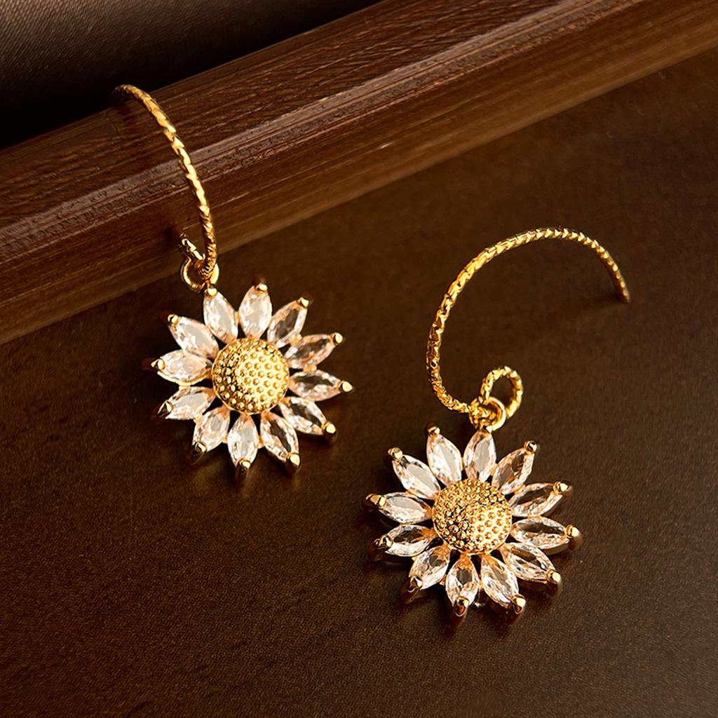 

Elegant Chinese-Style Zircon Sunflower Earrings - Versatile High-End Luxury Jewelry for Women