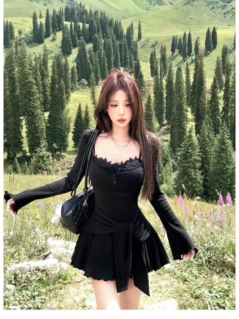 2025 Faux Two-Piece Lace Camisole Dress: Women's Autumn Waist-Cinched Pleated Bodycon Skirt