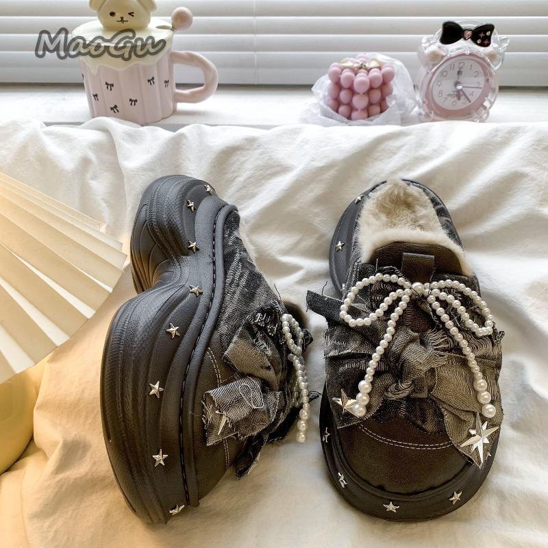 Pantuflas Mujer Beaded Bow Plush Slide Slippers Women's Autumn Winter Fuzzy Cotton Slippers Non-Slip Fashion Shoes for Women