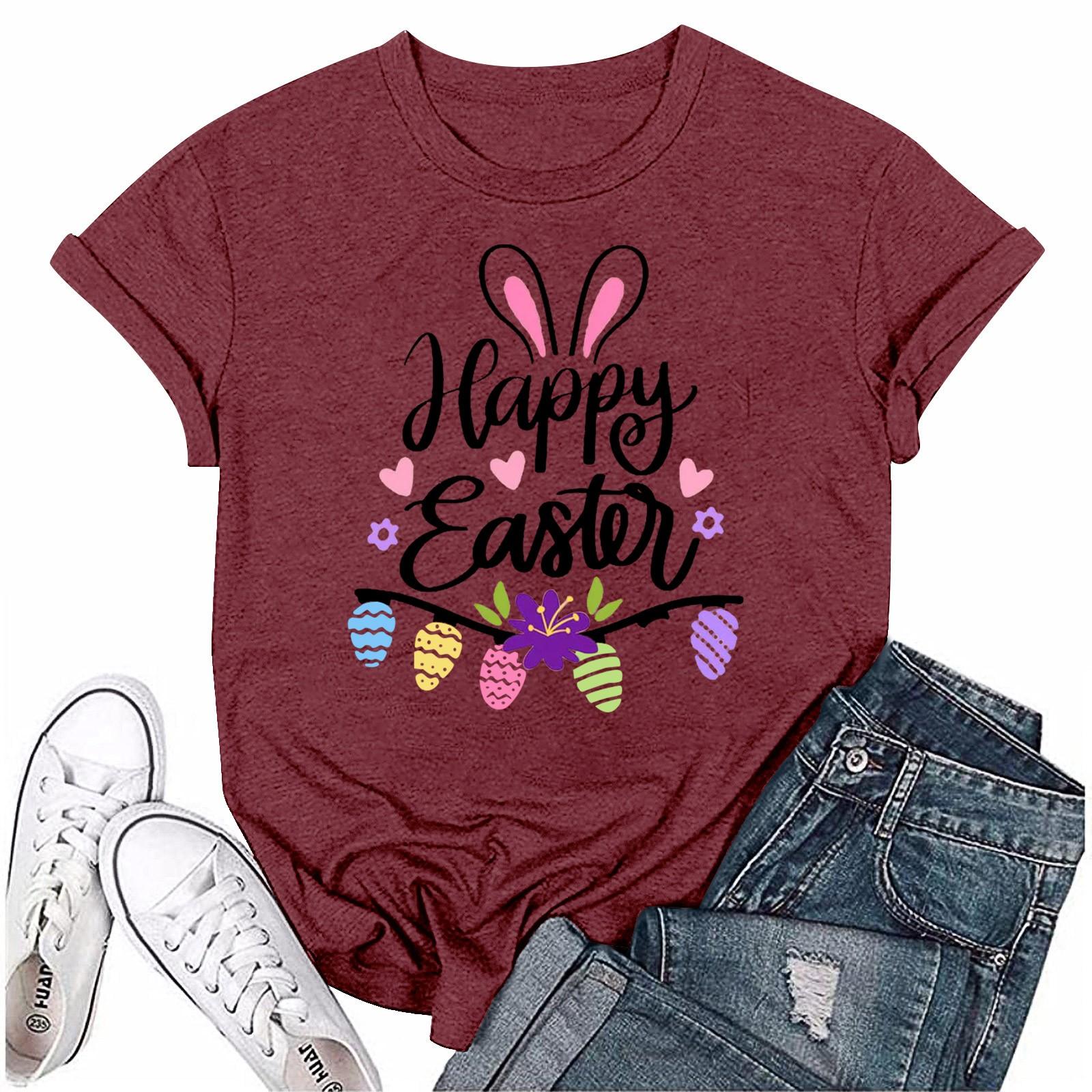 

Женская модная пасхальная принтованная повседневная плиссированная круглая футболка с коротким рукавом XXL винный