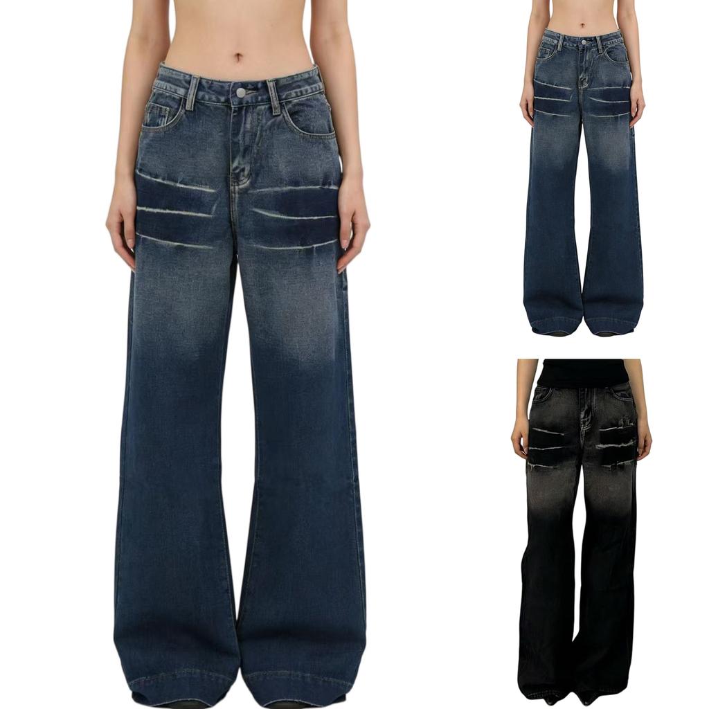 Women's Mid- Stretch Jeans Fashion Straight Leg Denim Pants With Pockets
