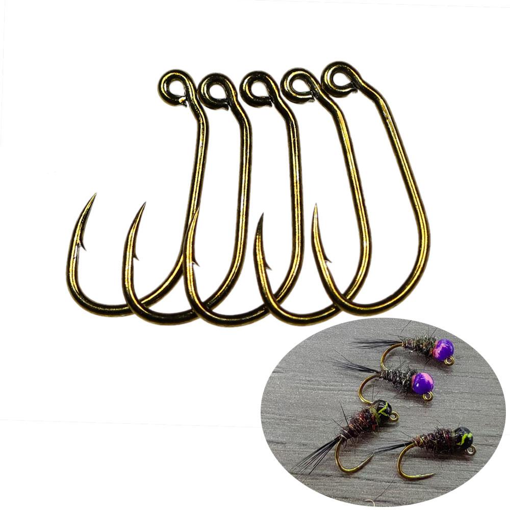 50pcs 60 Degree Angle Barbed Fly Tying Jig Hook 10# 12# 14# 16#  Bronzed Coated Wide Gap Jig Nymph Wet Fly Fishing Lures