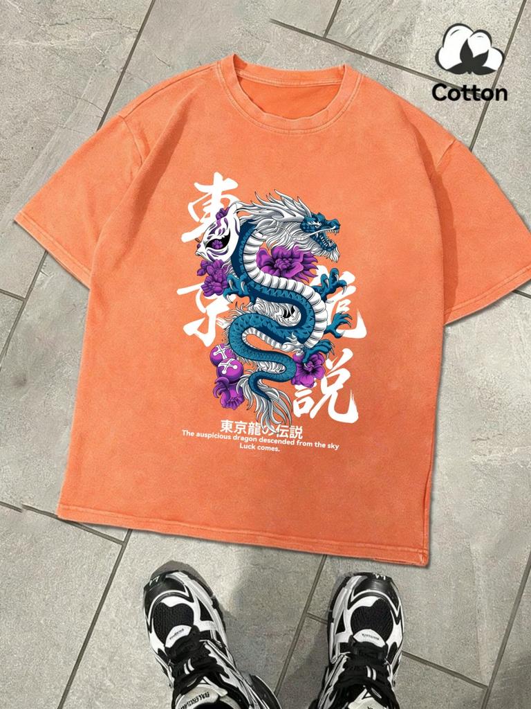 Legend Of The Tokyo Dragon Prints Washed TShirts Mens Oversized Cotton T Shirts Summer ONeck Distressed Tops Basic Clothes