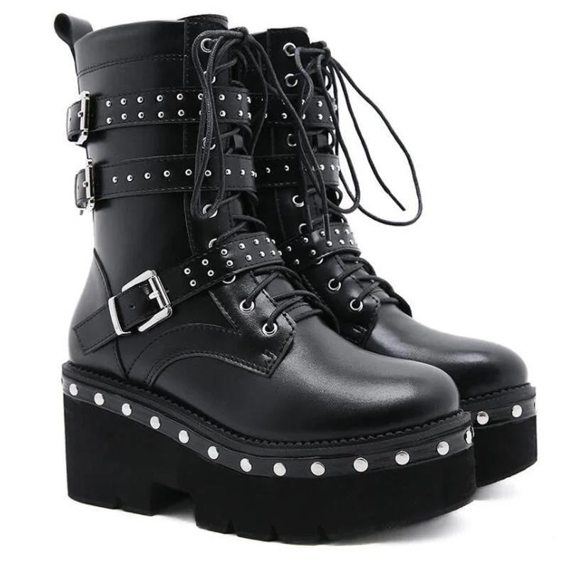 Fashion Sexy Buckle Women's winter high boots Leather Block Heel Gothic Black Punk Style Platform Shoes Female Footwear Women's shoes