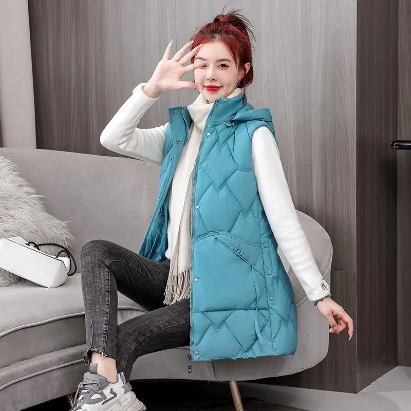 

Женский винтажный клетчатый жилет большого размера средней длины, пуховый хлопковый жилет, осень-зима, высококачественный утолщенный приталенный жилет, женская куртка для улицы M озеро синий