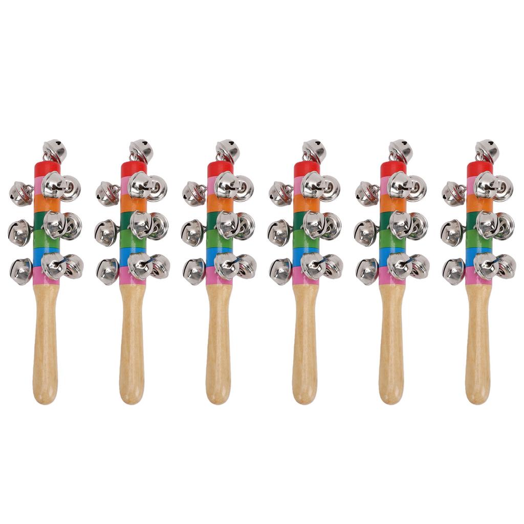 6Pcs Shaking Bell Sticks Wooden Handle Xmas Jingle Bells Musical Percussion Instrument for Holiday Birthday Party